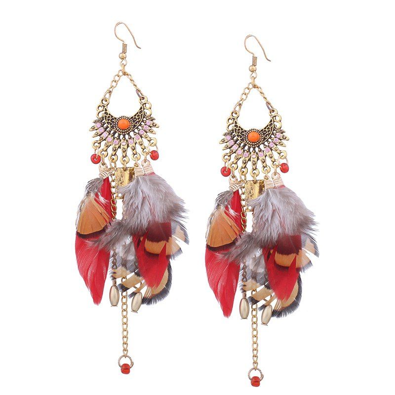 

Alloy Chain Rhinestone Design Feather Hook Earrings, Red