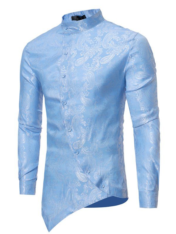 

Brocade Paisley Asymmetrical Hem Long Sleeve Shirt, Blue