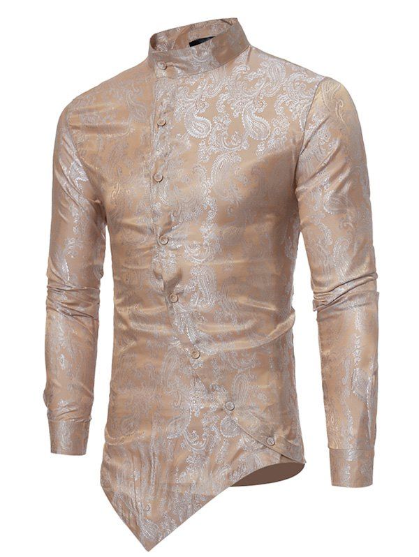 

Brocade Paisley Asymmetrical Hem Long Sleeve Shirt, Orange