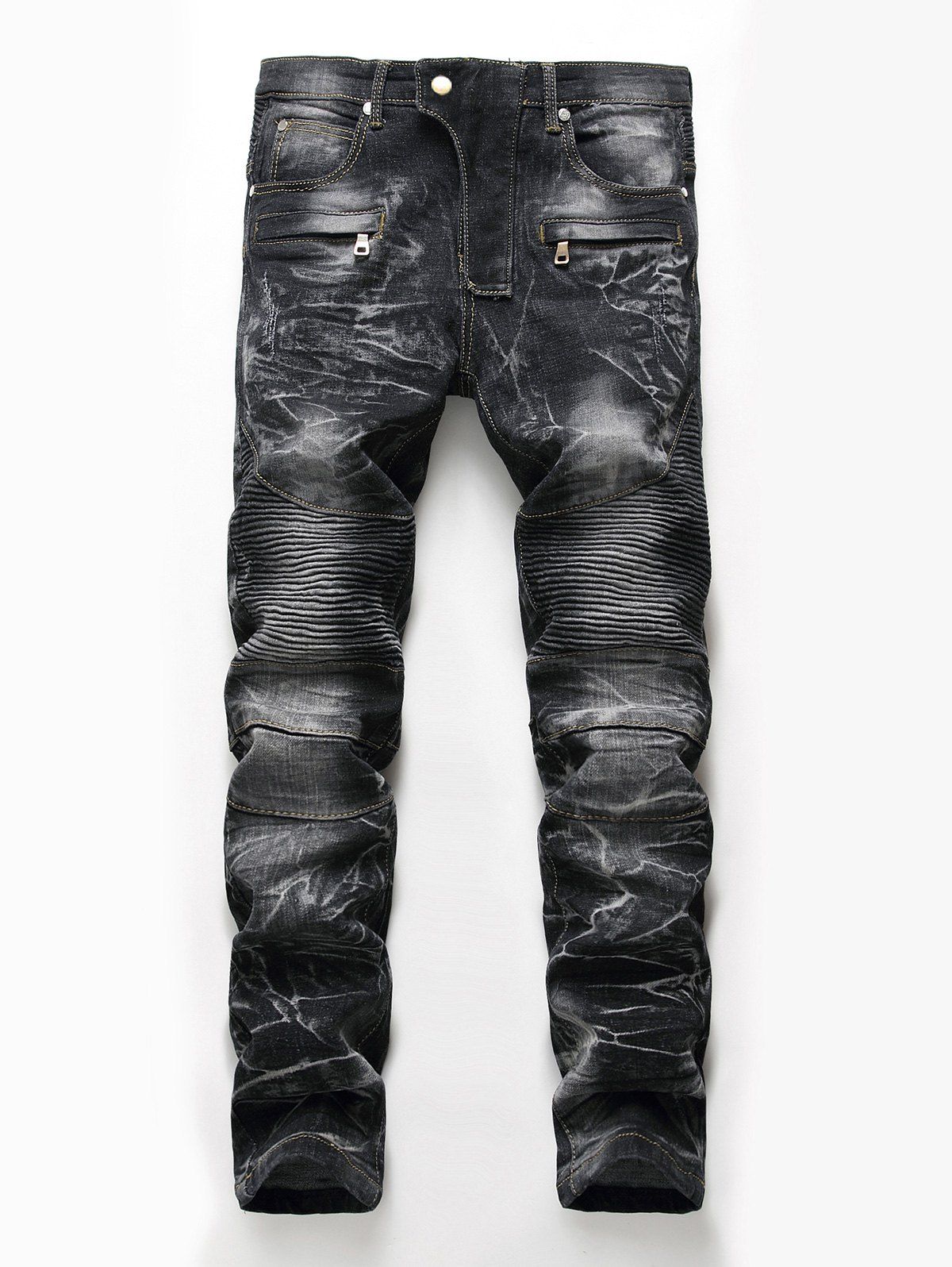 

Straight Leg Snow Wash Biker Jeans, Black