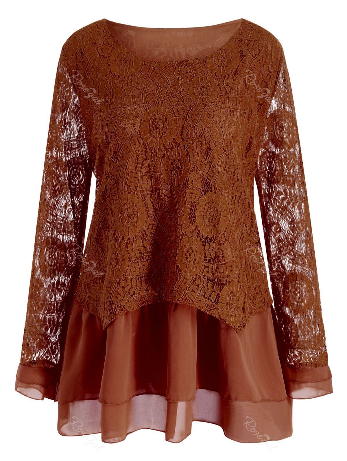 

Plus Size Layered Lace Ruffle Blouse, Spice