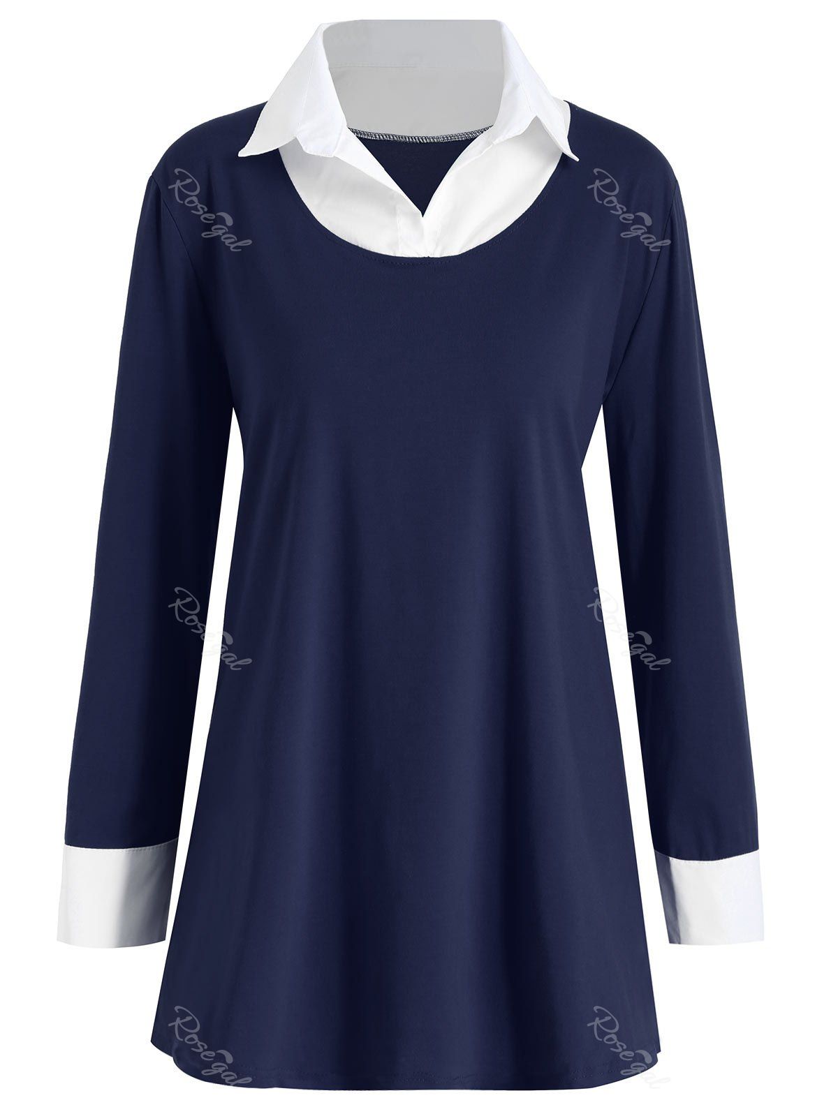 

Two Tone Shirt Collar Plus Size Tee, Purplish blue