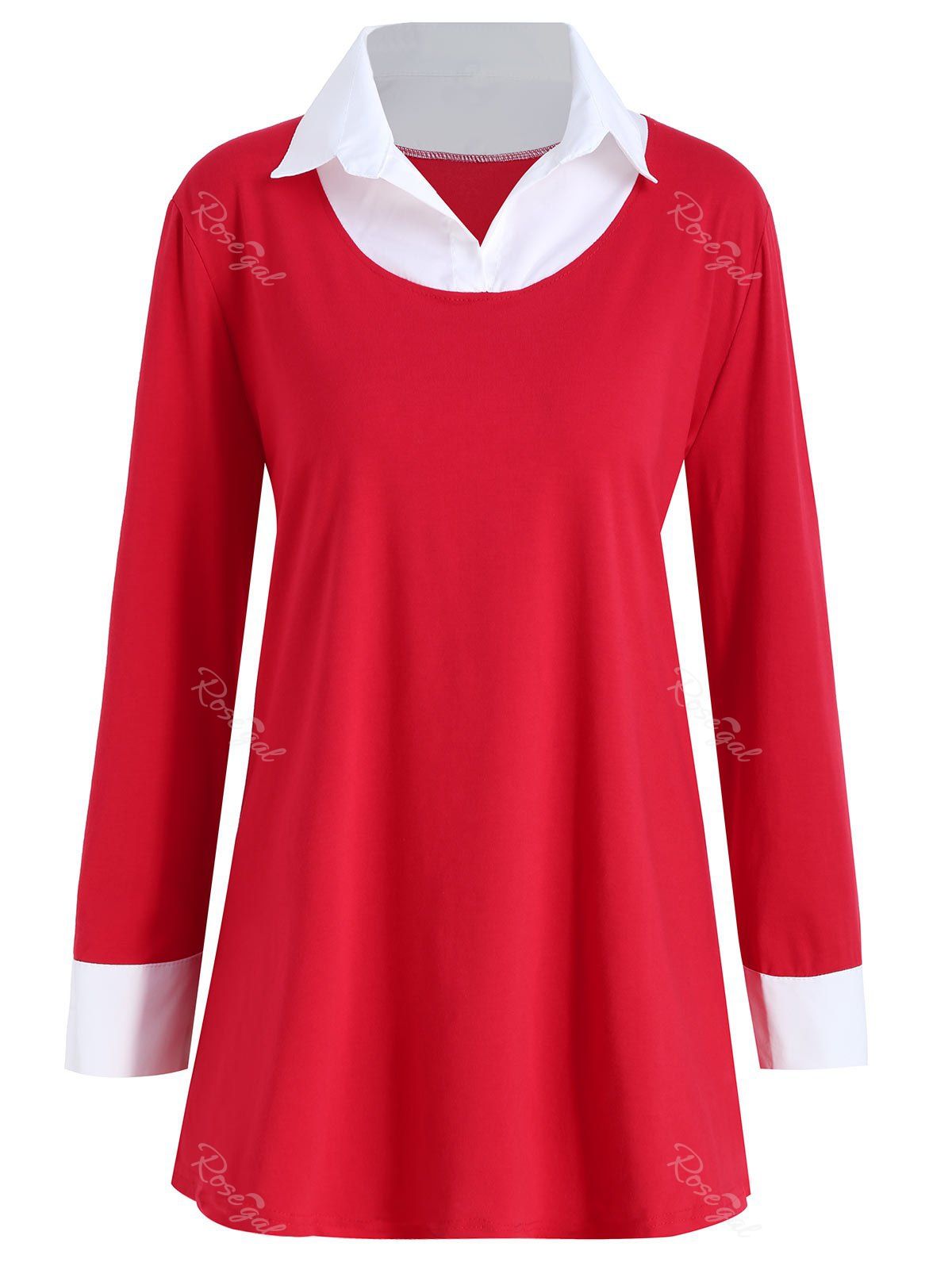 

Two Tone Shirt Collar Plus Size Tee, Red