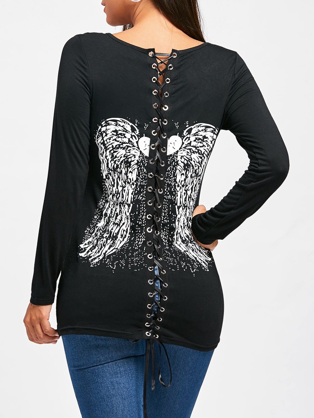 

Long Sleeve Back Lace Up Wings Print T-shirt, Black