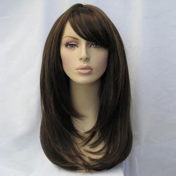 

Long Inclined Bang Layered Straight Synthetic Wig, Brown