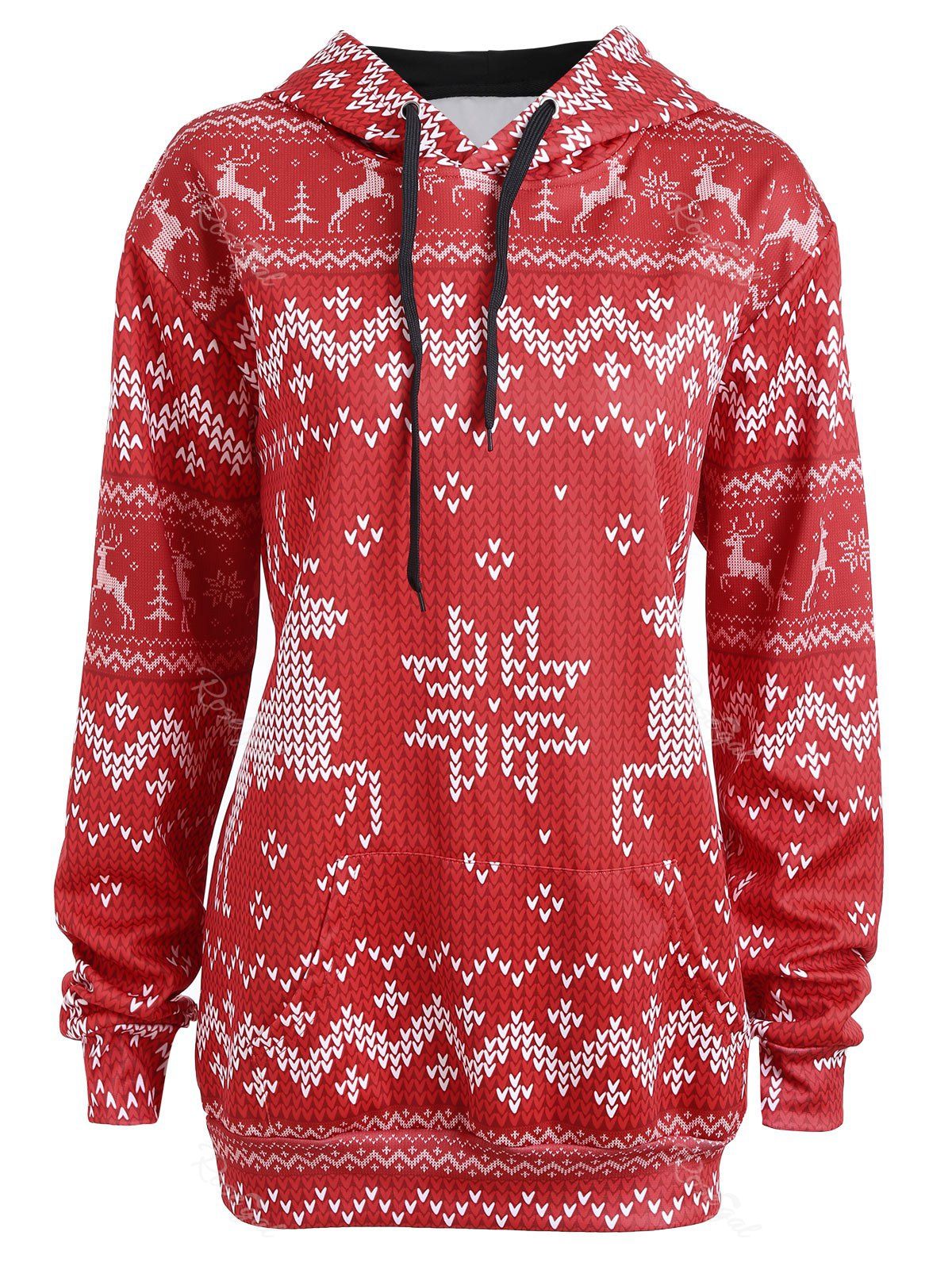 

Plus Size Christmas Snowflake Elk Hoodie, Red