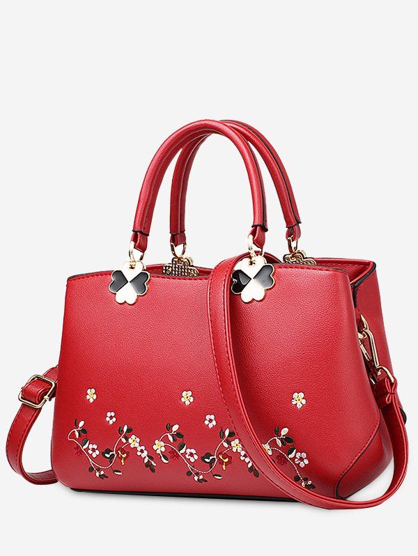 

Flower Embroidery Metal Tote Bag, Red
