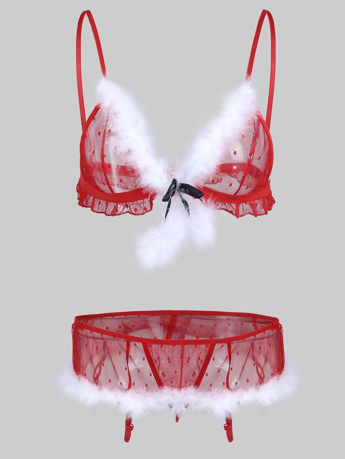 

Mesh Christmas Garter Bralette Set, Red
