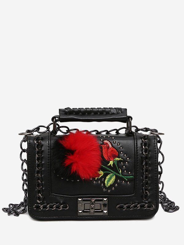 

Chain Embroidery Pom Pom Crossbody Bag, Black