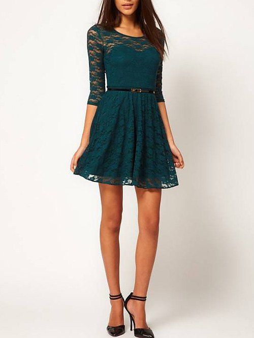 

Lace See Thru A Line Dress, Blackish green