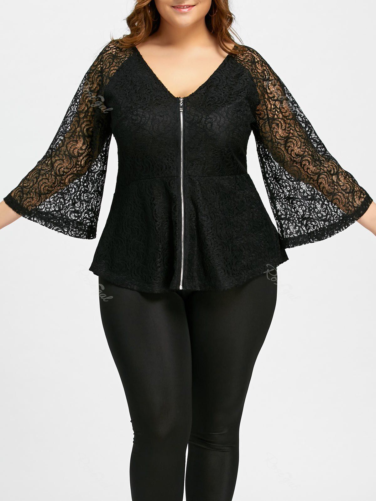 

V-neck Lace Plus Size Zip Up Blouse, Black