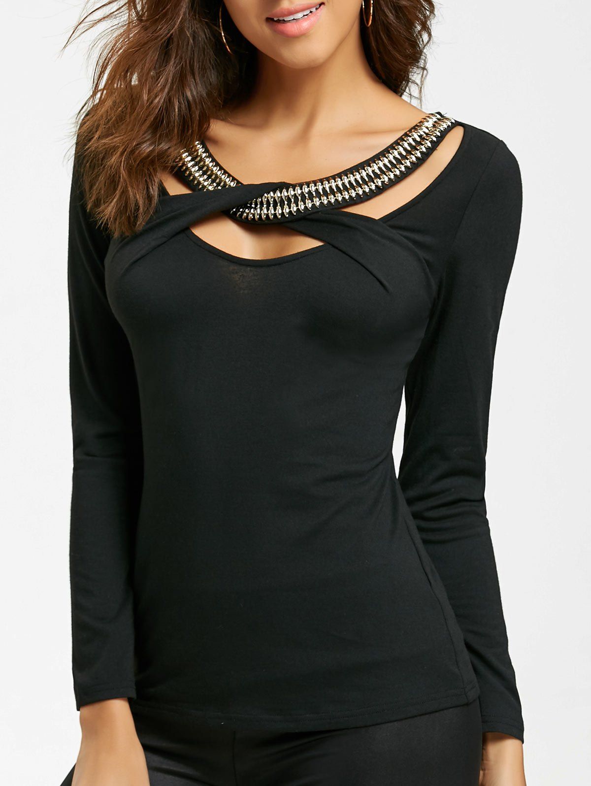 

Cut Out Criss Cross Beaded Embellished Top, Black