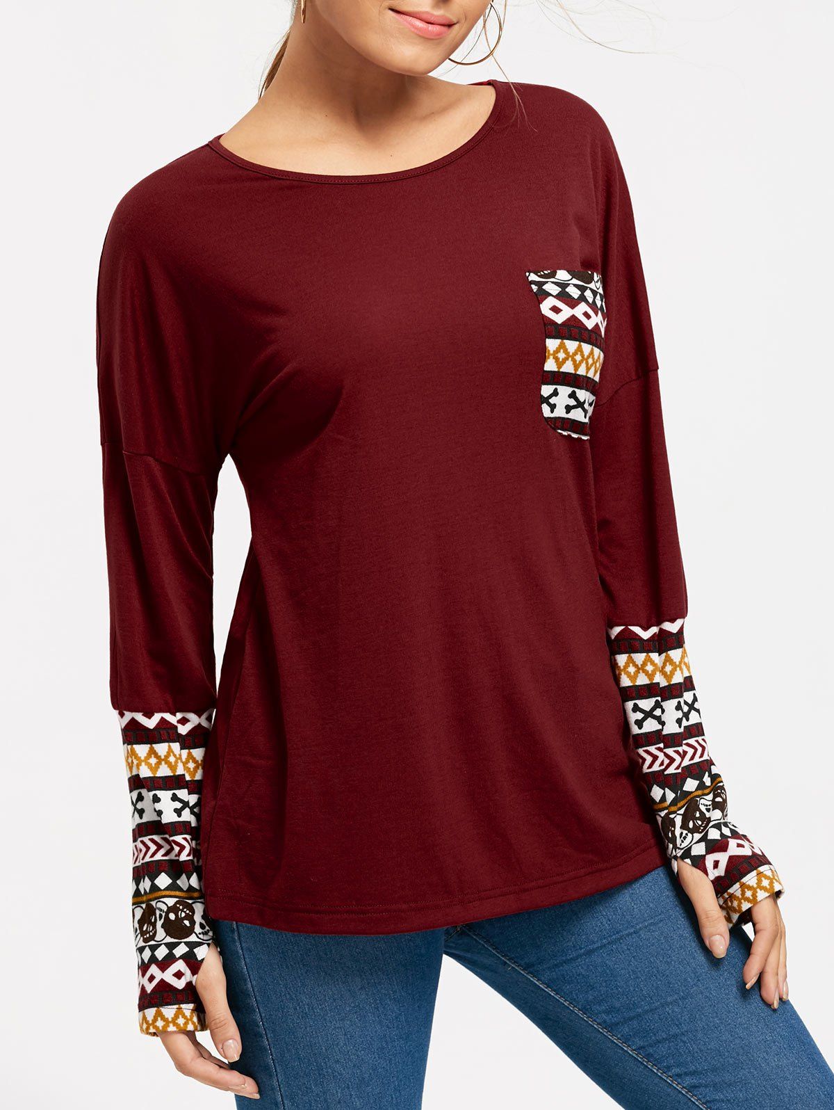 

Halloween Skull Long Sleeve Pocket Top, Deep red