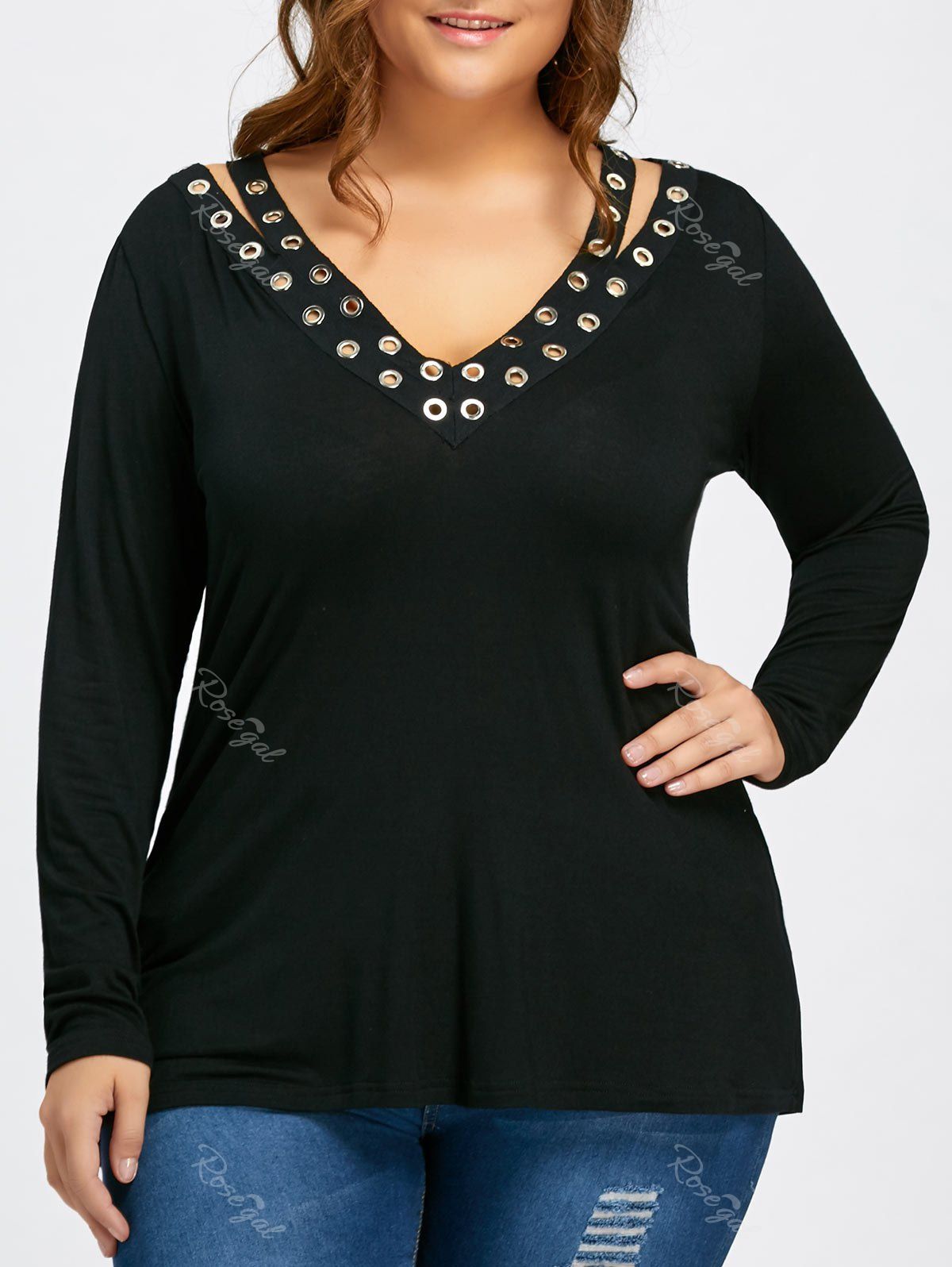 

V Neck Plus Size Metal Rings Top, Black