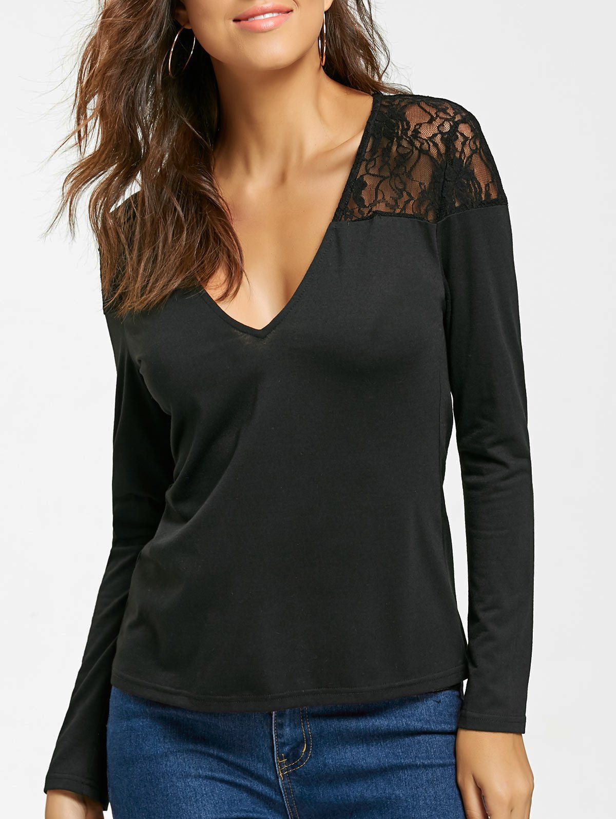 

Long Sleeve Lace Panel Slim Fit Top, Black