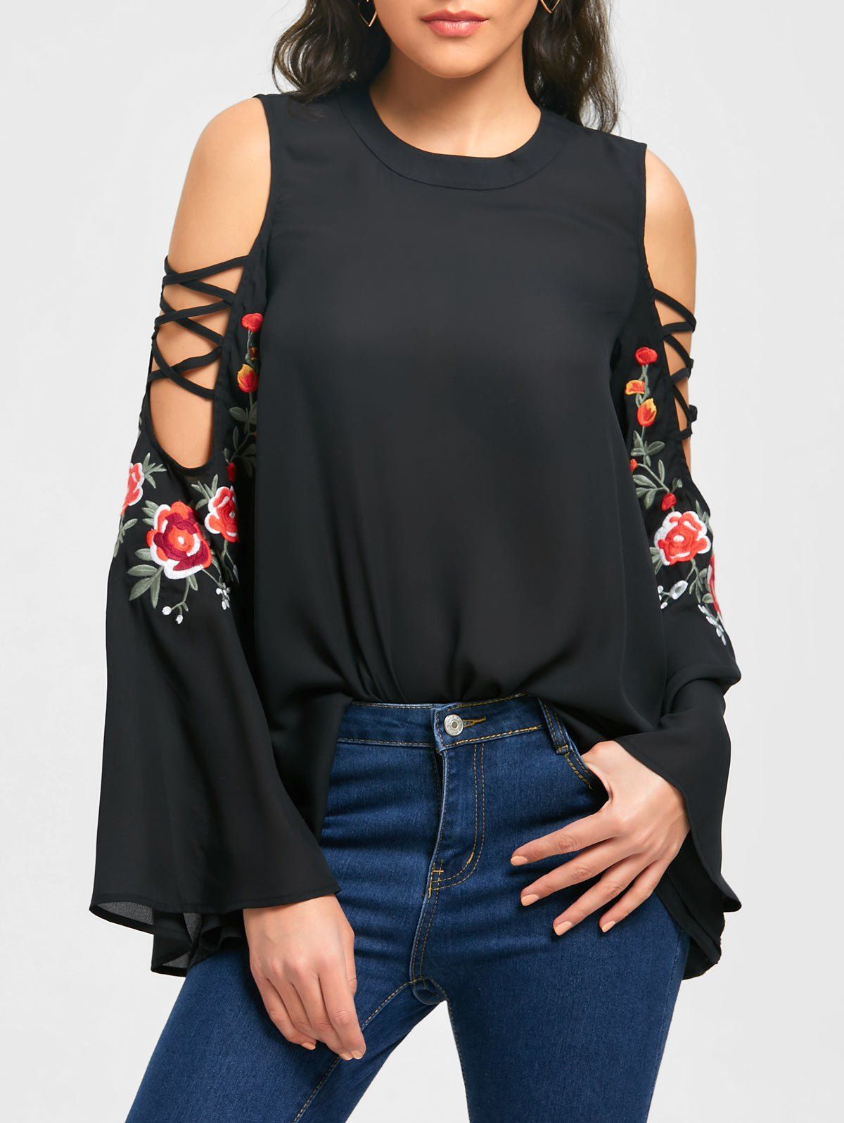 

Cold Shoulder Flarel Sleeve Embroidery Blouse, Black