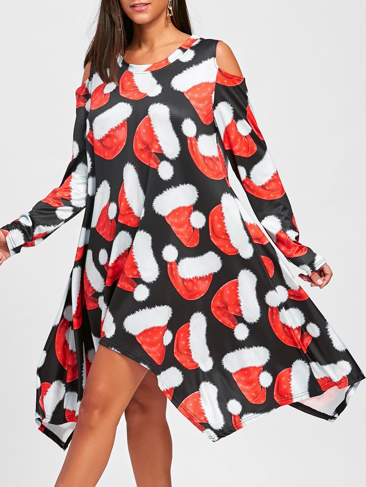 

Christmas Hat Printed Cold Shoulder Asymmetrical Dress, Black and red