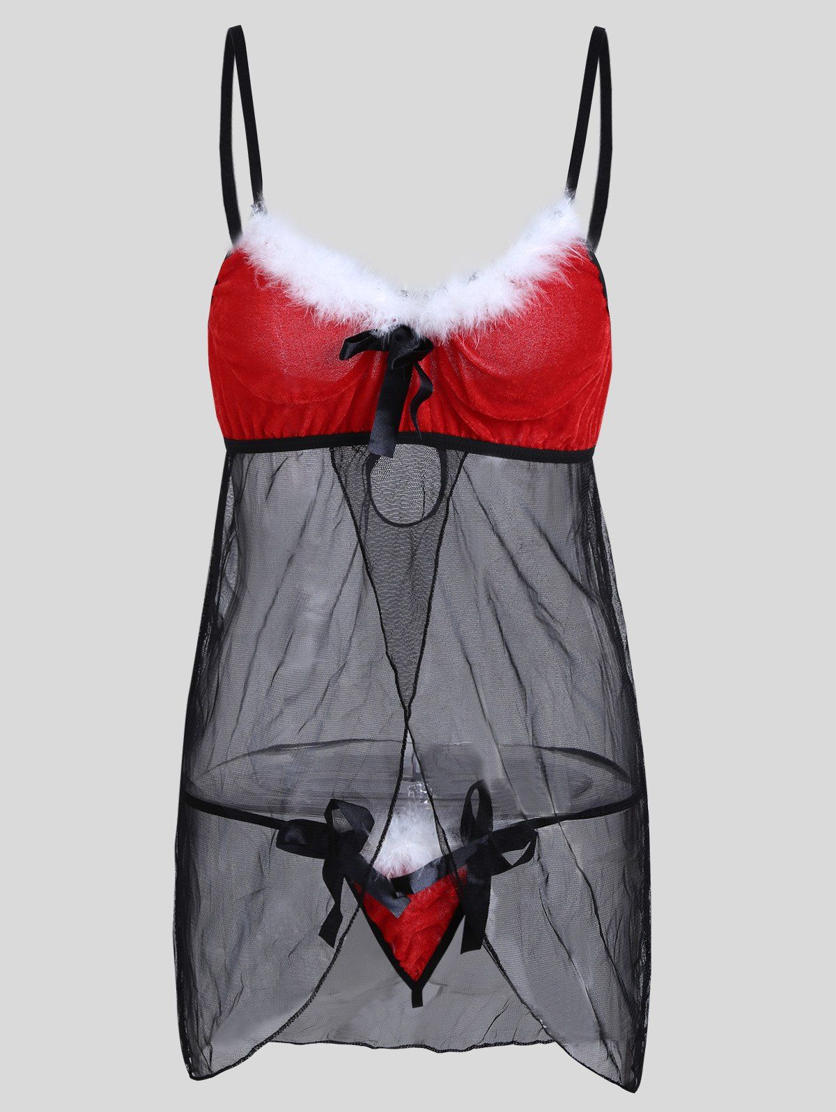 

Christmas Mesh Slip Feather Babydoll, Black