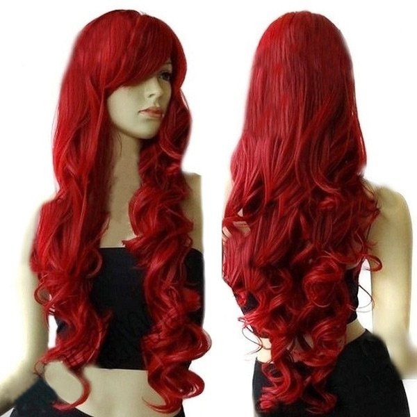 

Ultra Long Side Bang Curly Cosplay Synthetic Wig, Red