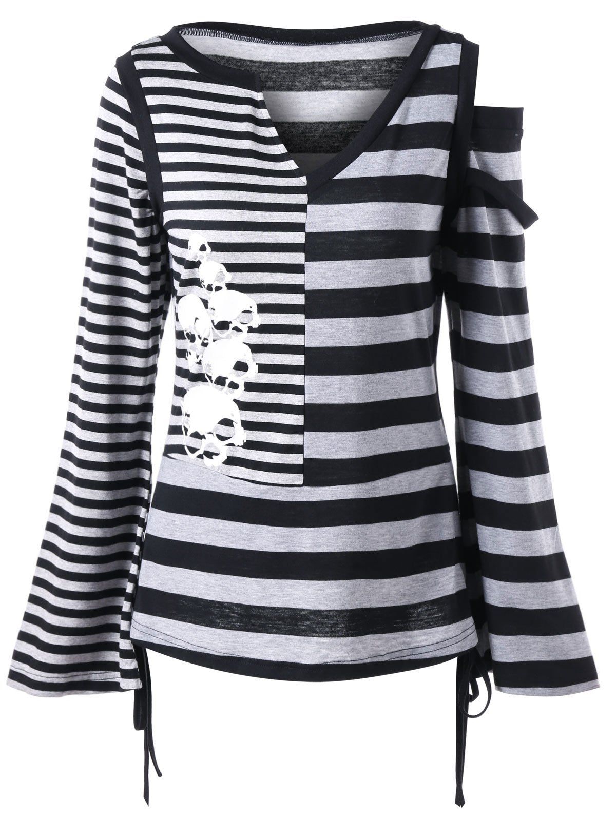 

Flare Sleeve Cut Out Striped Top, Black and grey