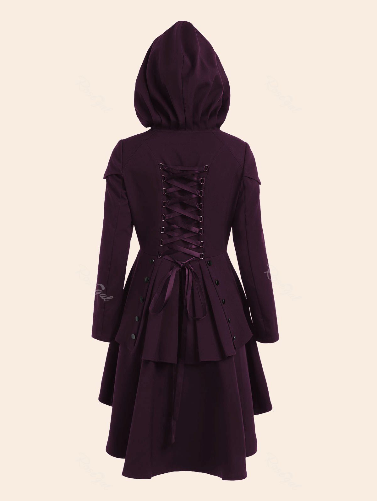 

Lace Up High Low Plus Size Hooded Coat, Purplish red