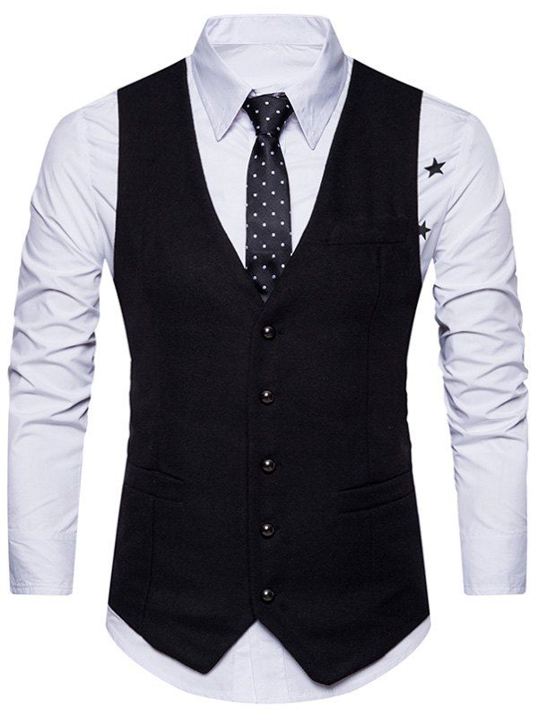 

Belt Design V Neck Button Up Waistcoat, Black
