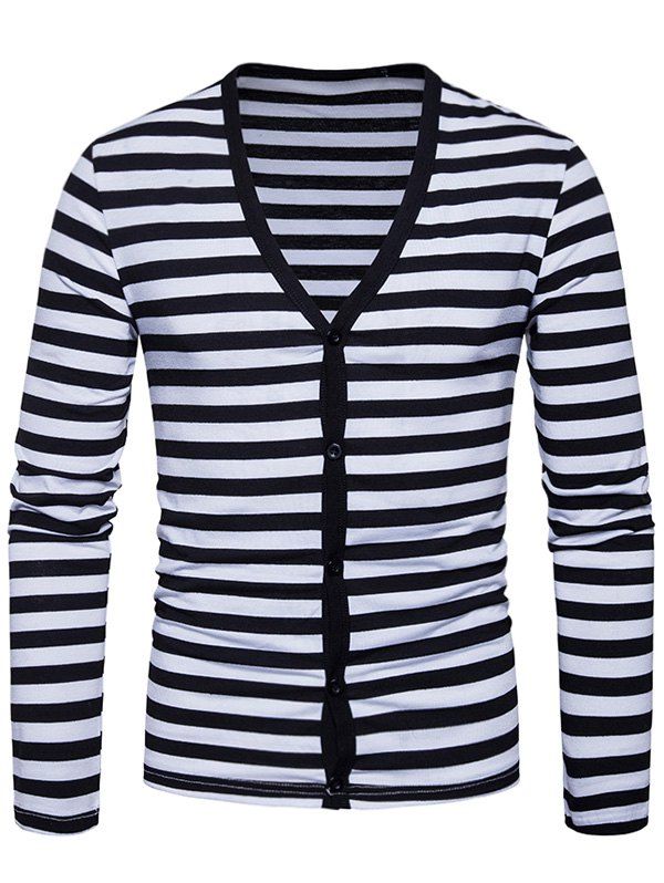 

Stripe V Neck Button Up Cardigan, Black white