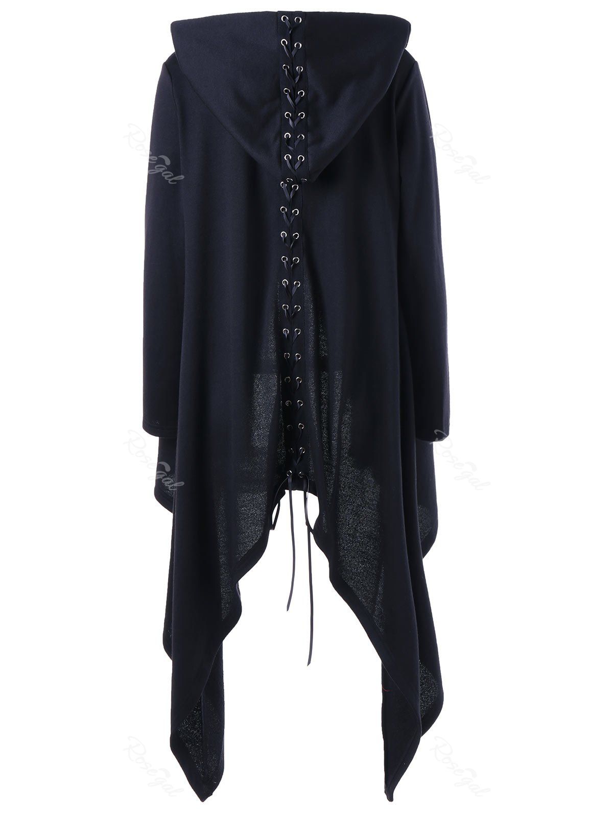 

Lace Up Hooded Asymmetrical Plus Size Coat, Black