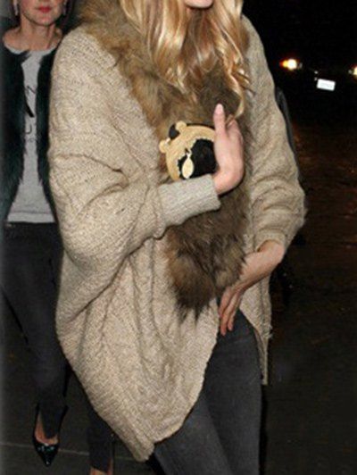 

Faux Fur Neck Batwing Sleeve Cardigan, Palomino