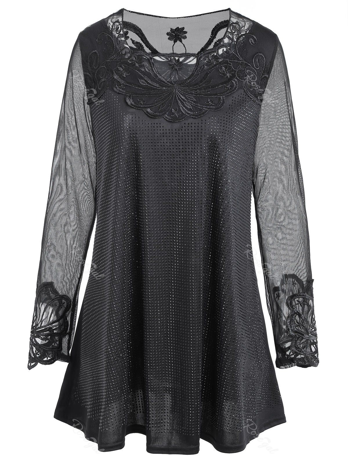 

Plus Size Lace Mesh Panel Rhinestone Blouse, Black