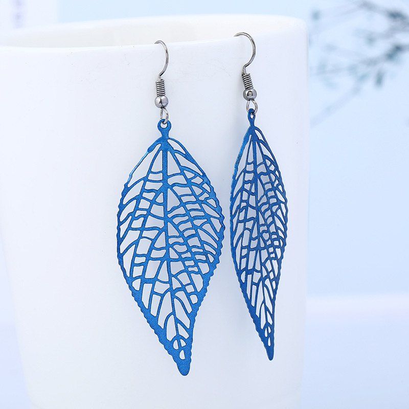 

Hollow Leaf Design Hook Earrings, Blue