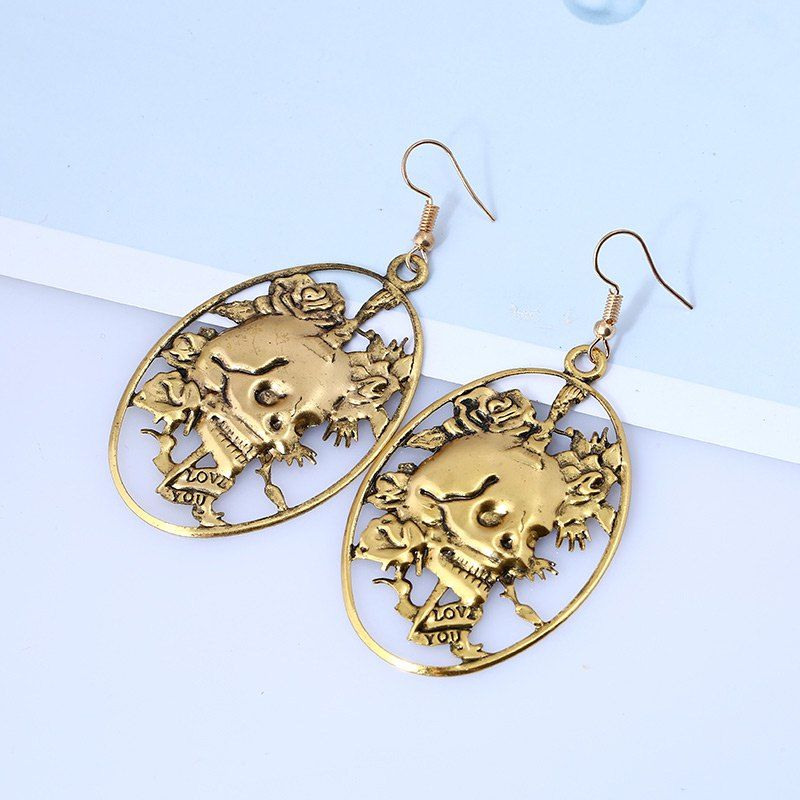 

Round Oval Skull Geometric Hook Earrings, Golden