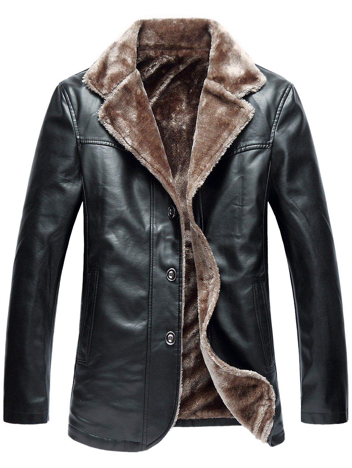 

Single Breasted Fleece PU Leather Jacket, Black