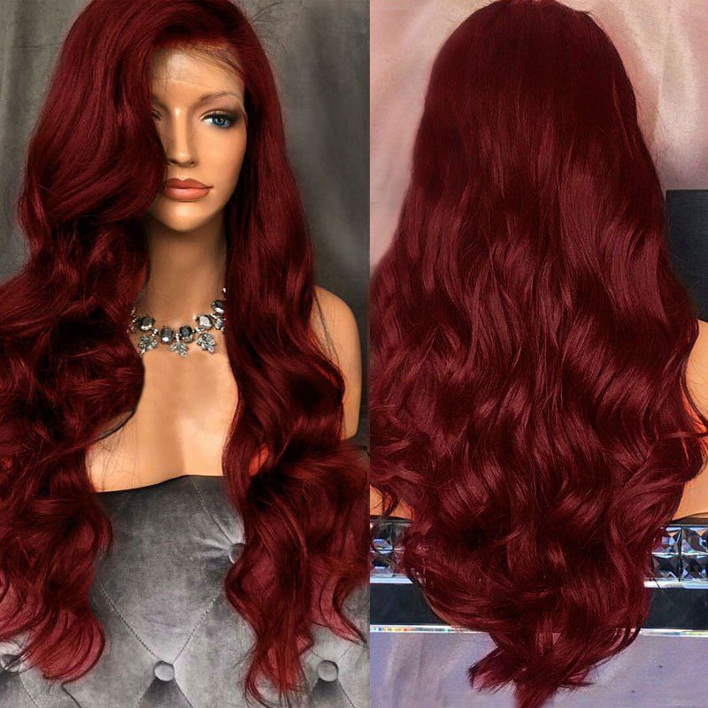 

Long Free Part Shaggy Body Wave Lace Front Synthetic Wig, Wine red