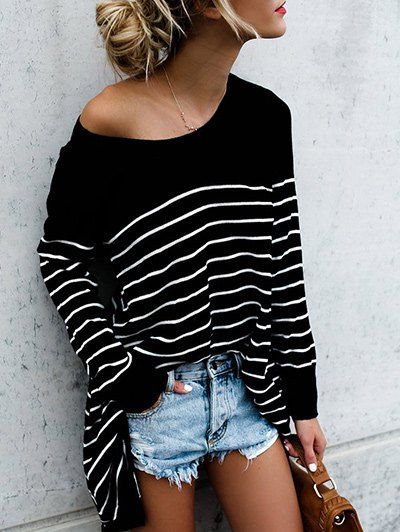 

Long Sleeve Round Neck Striped Pullover T-shirt, Black