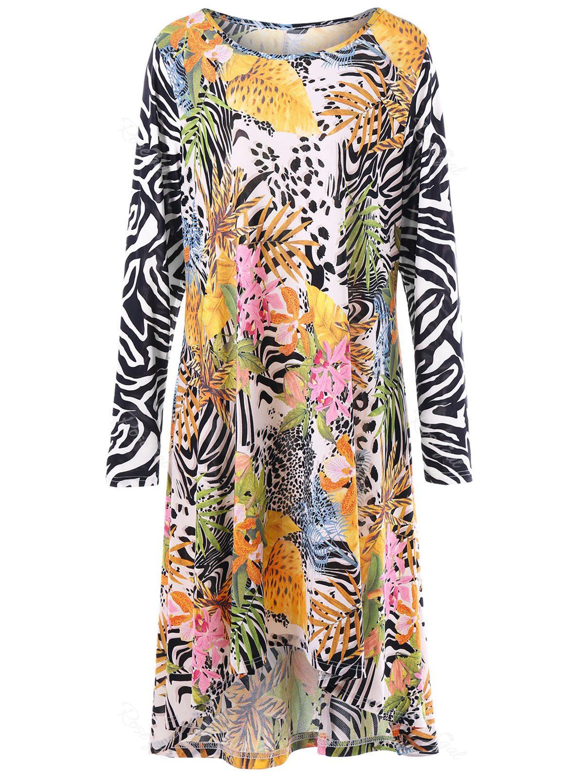 

Plus Size Long Sleeve Tropical Tee Dress, Colormix