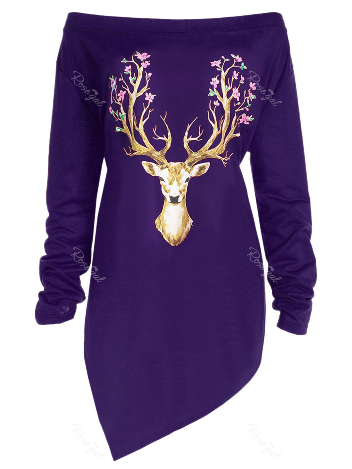 

Plus Size Asymmetrical Christmas Elk Print Tee, Purple