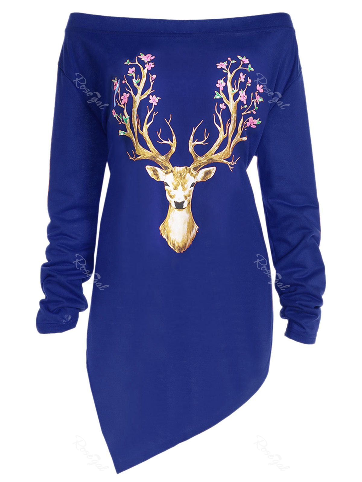 

Plus Size Asymmetrical Christmas Elk Print Tee, Blue