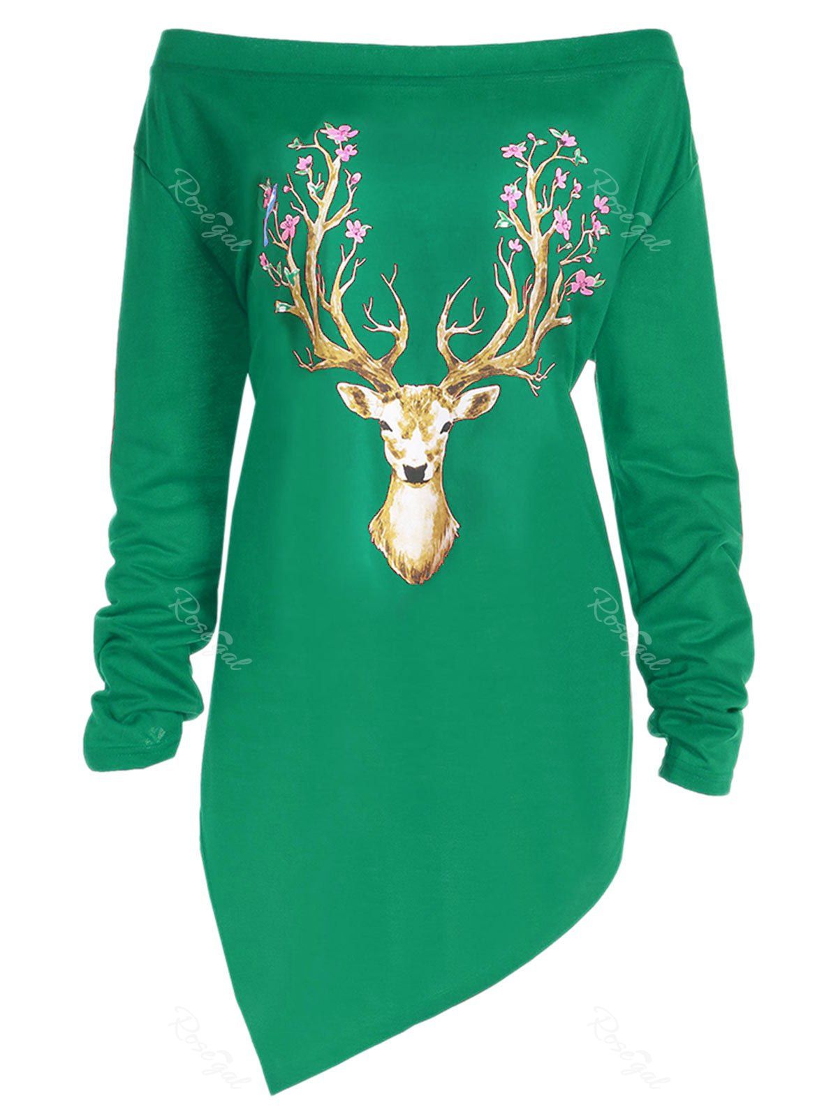 

Plus Size Asymmetrical Christmas Elk Print Tee, Green