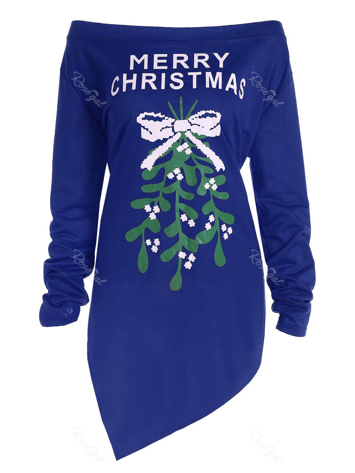 

Plus Size Off The Shoulder Asymmetric Christmas T-Shirt, Blue