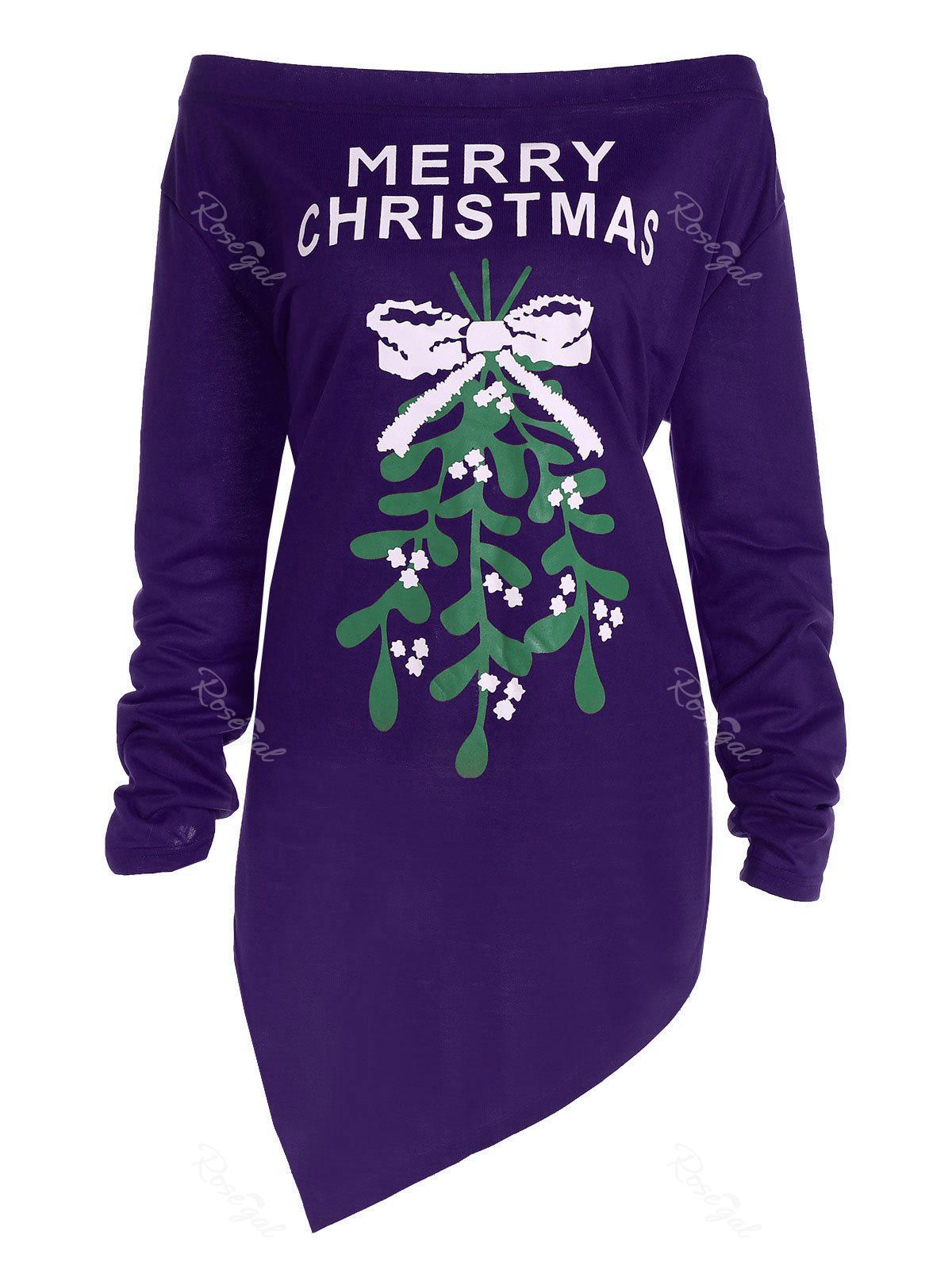 

Plus Size Off The Shoulder Asymmetric Christmas T-Shirt, Purple