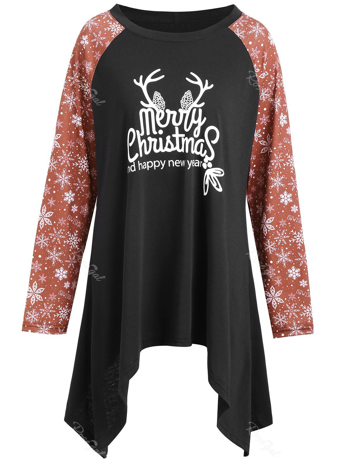 

Snowflake Merry Christmas Asymmetrical Plus Size Tee, Black