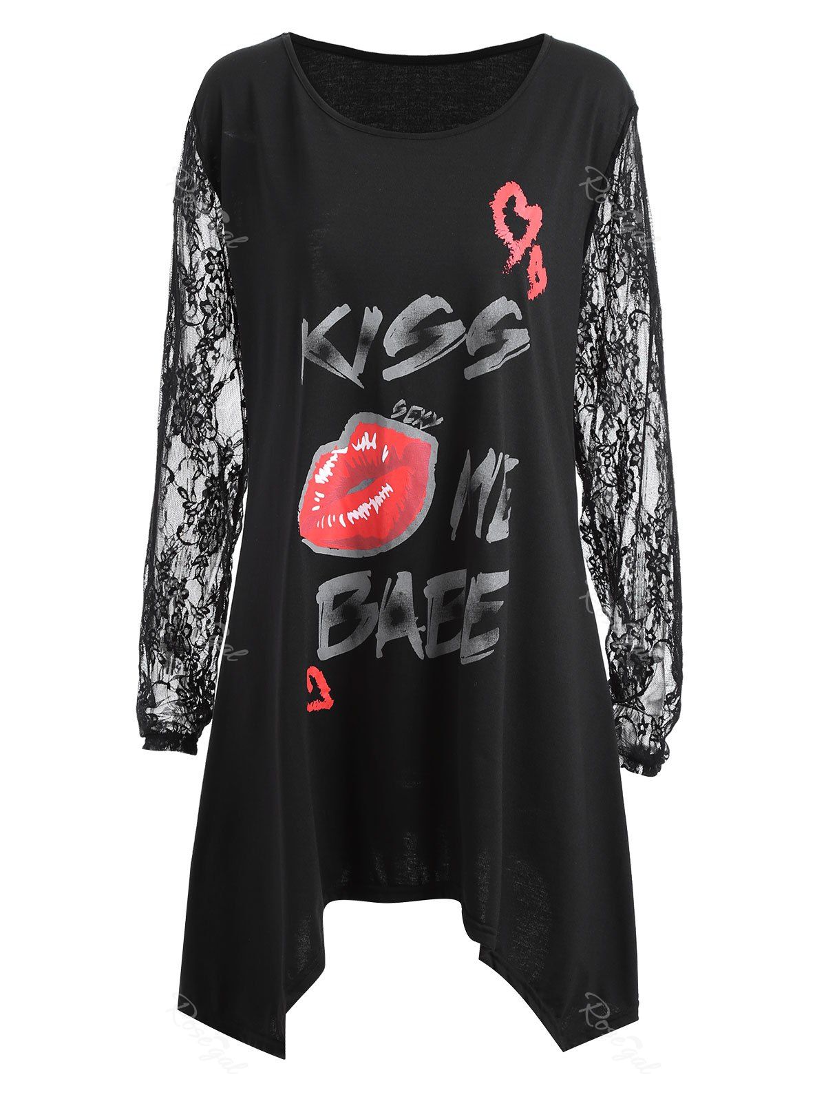 

Lace Sleeve Plus Size Kiss Me Baby Lips Graphic T-shirt, Black