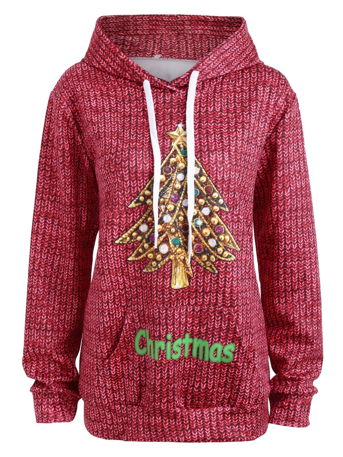 

Christmas Tree Rhinestone Kangaroo Pocket Hoodie, Red
