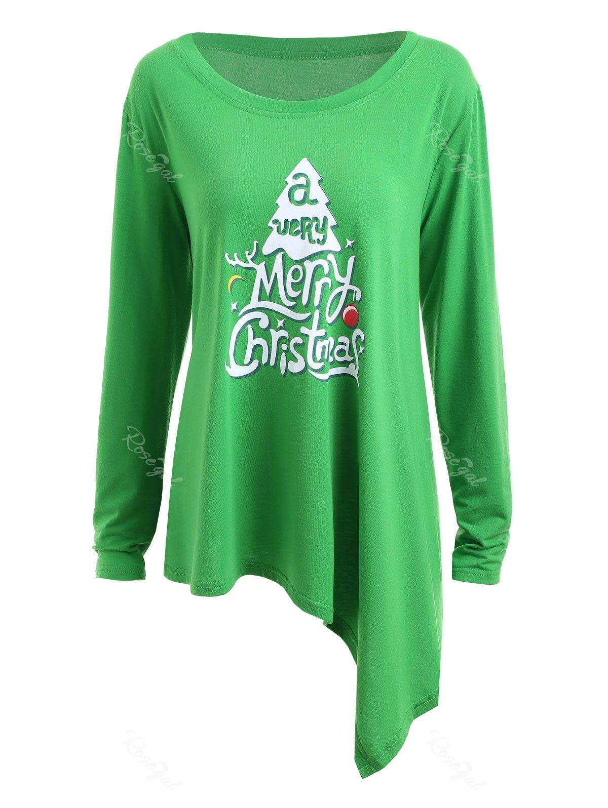 

Plus Size Merry Christmas Asymmetric Long Sleeve T-shirt, Green