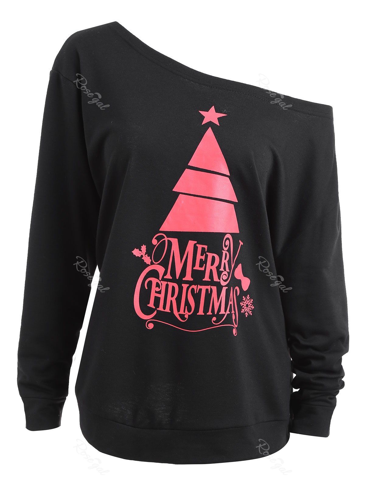 

Plus Size Skew Neck Cute Christmas Tree Sweatshirt, Black