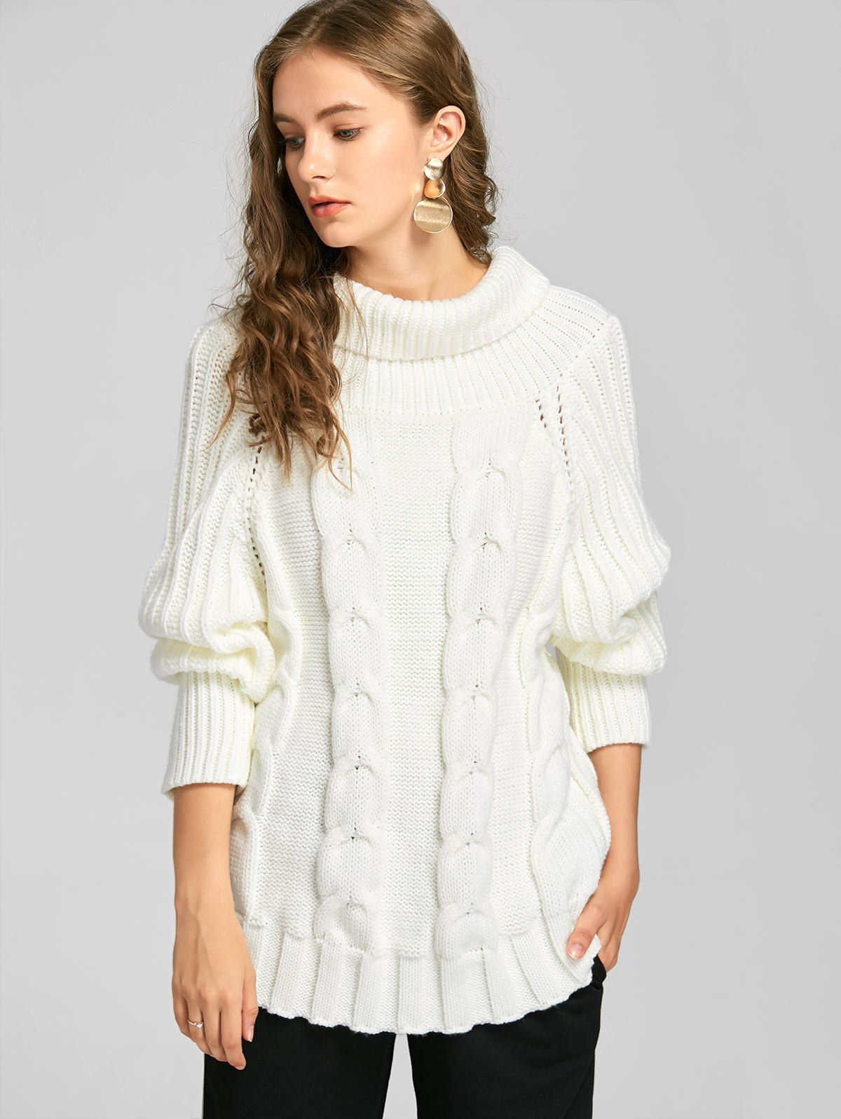 

Turtleneck Cable Knit Chunky Sweater, White
