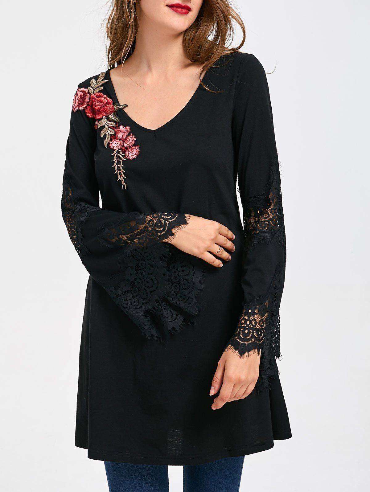 

Lace Panel Flare Sleeve Embroidery Long Top, Black