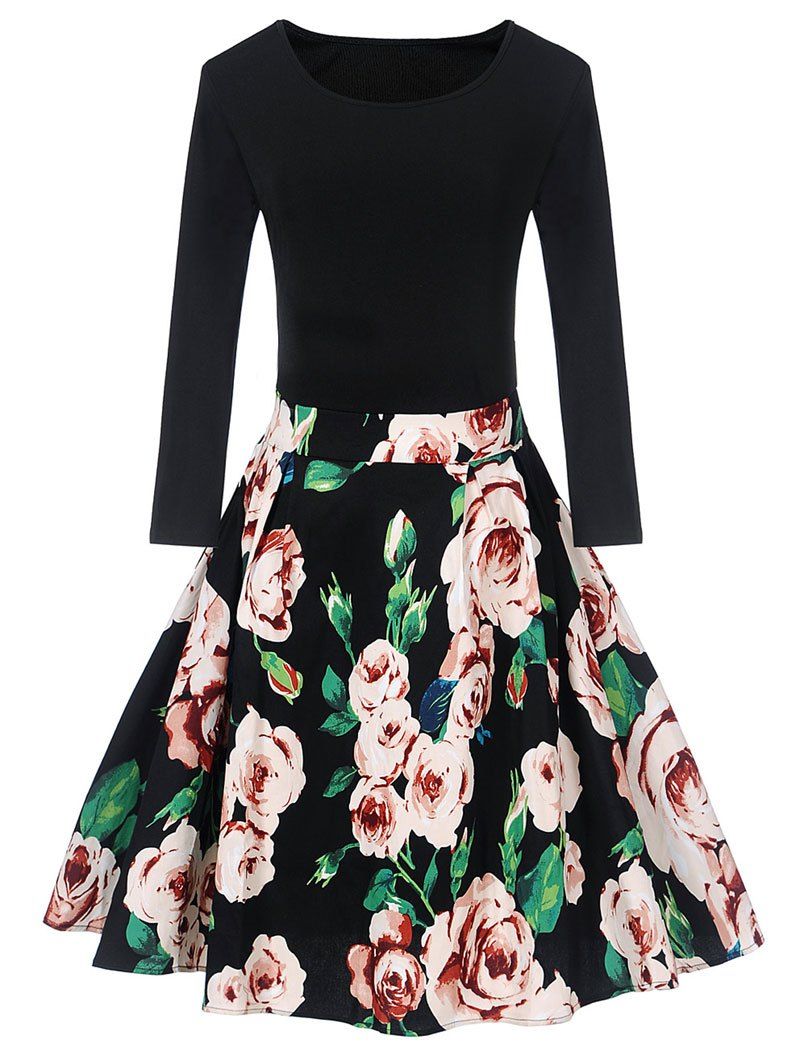 

Vintage Floral Print Pin Up Swing Dress, Black