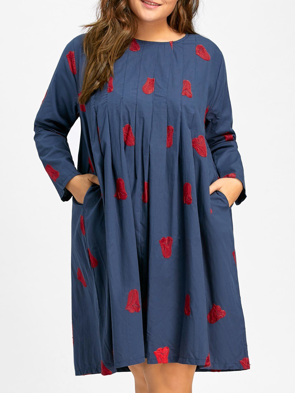 

Plus Size Embroidered Knee Length Smock Dress, Blue